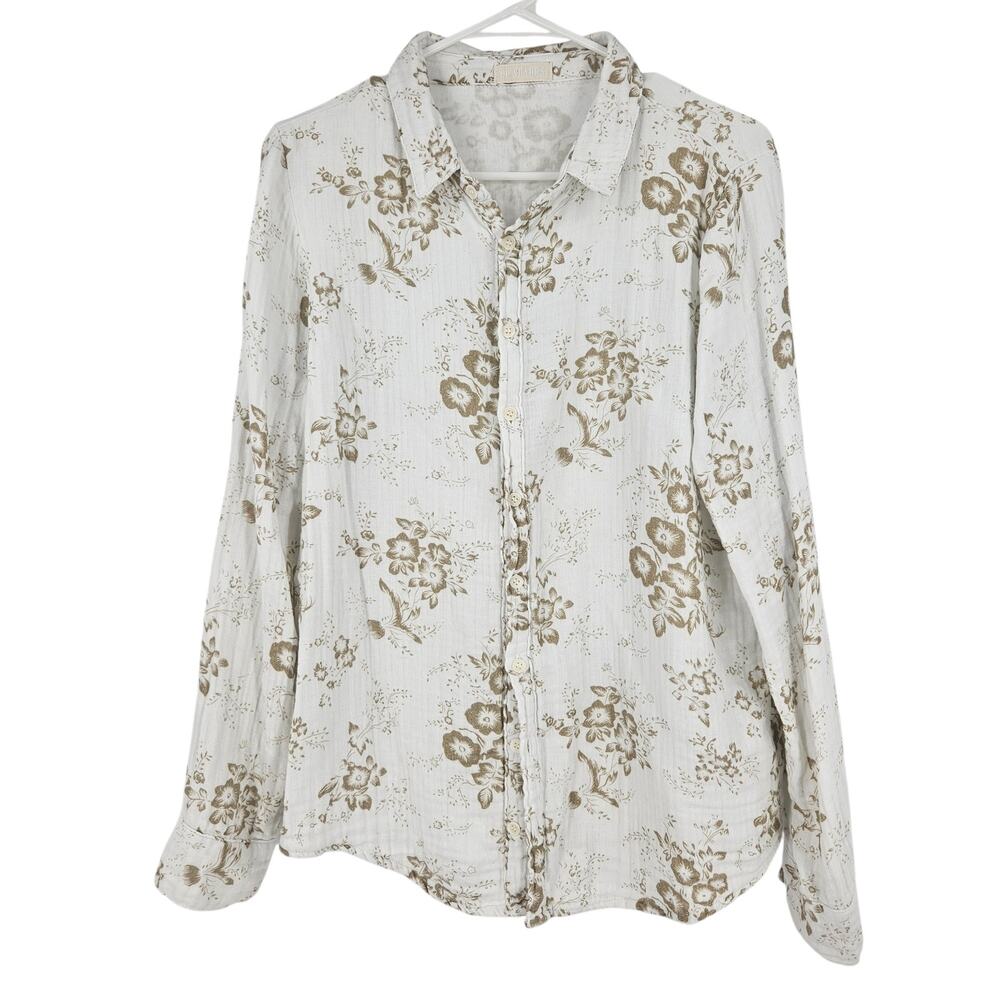 CP Shades Shirt White Brown Cotton Floral Crepe Button Down Long Sleeve Size S